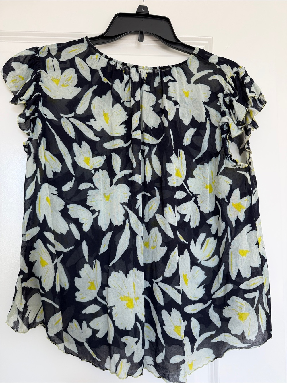Velvet by Graham & Spencer Black Floral Short Sleeve Blouse with Yellow Accents
